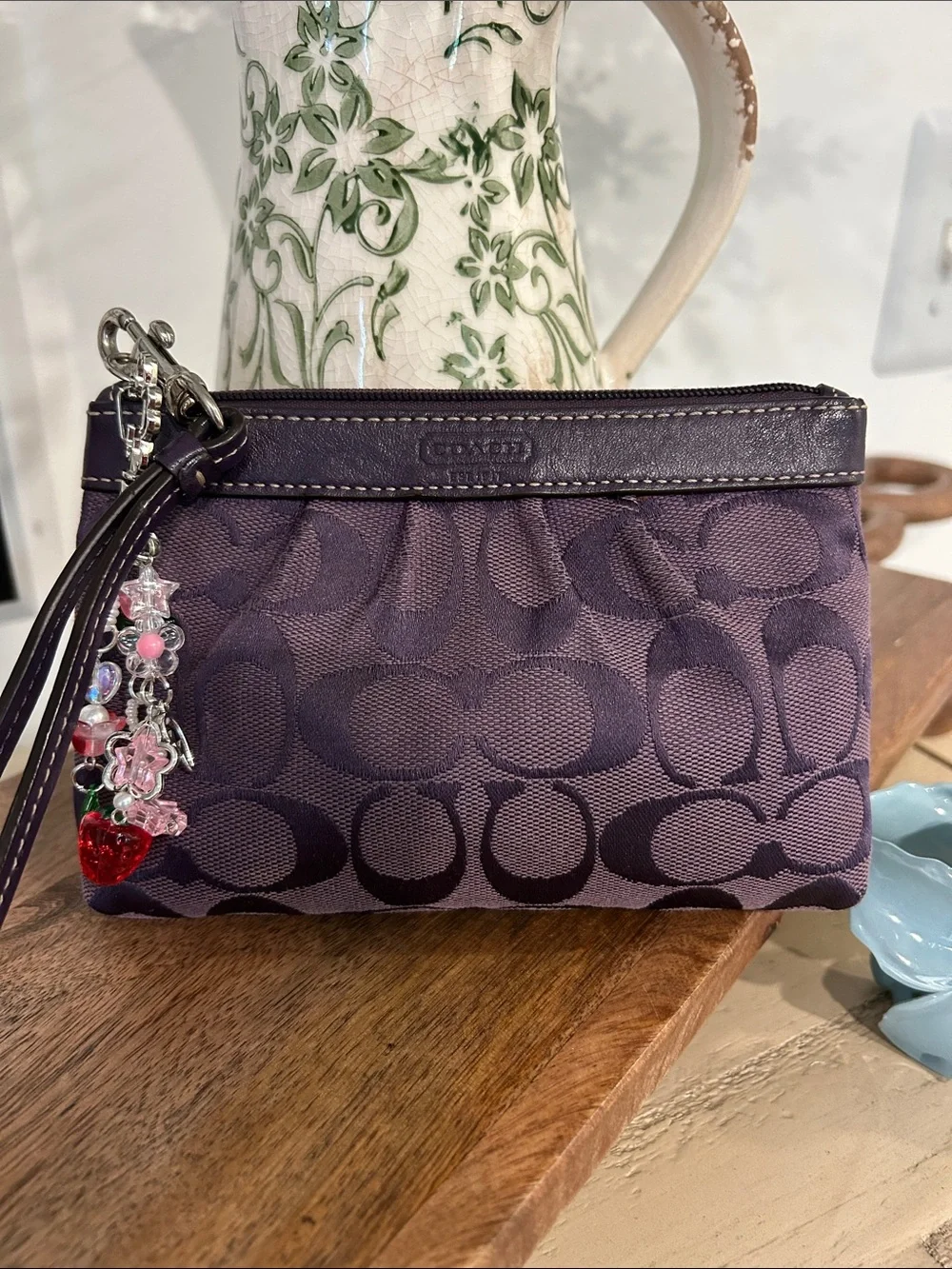 Coach Purple Signature Wristlet Pouch with Heart Charm